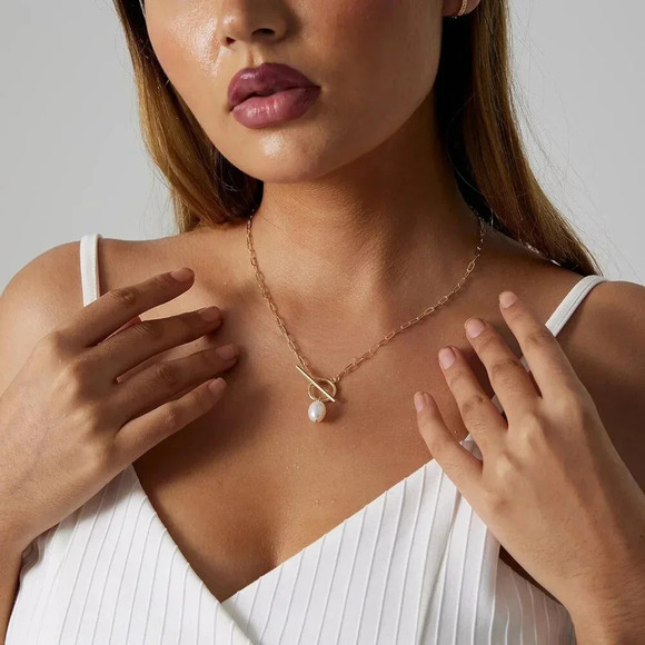 ❤️Women Gold Plated Half Chain Necklace Minimalist Pearl Cuban Chain Jewelry - Picture 5 of 6